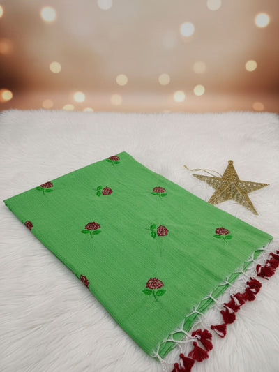 Indiehaat | Pure Cotton Half Embroidery Saree Green
