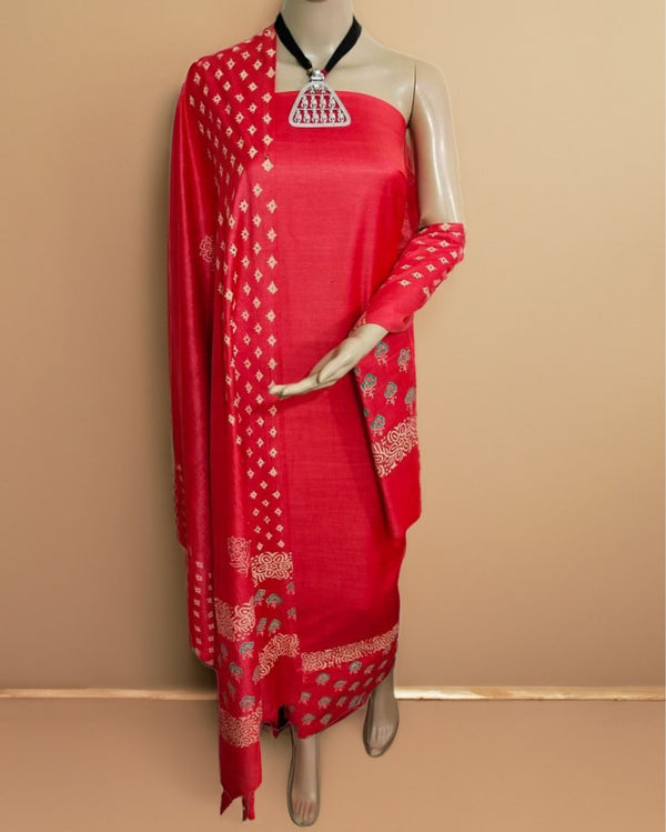 Katan Silk Radiant Blockprint Red Suit