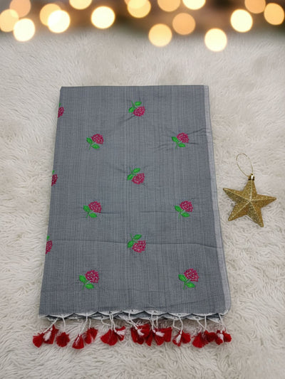 Indiehaat | Pure Cotton Half Embroidery Saree Gray