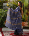 Silkmark Certified Gichcha Tussar Handloom Hand Dyed Bluish Grey Saree with Contrast Blouse-Indiehaat