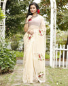 Natural Kota Doria Cotton Bird Embroidery Beige Saree Handdyed