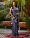 Silkmark Certified Gichcha Tussar Handloom Hand Dyed Bluish Grey Saree with Contrast Blouse-Indiehaat