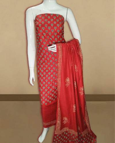 Katan Silk Vivid Blockprint Red Suit