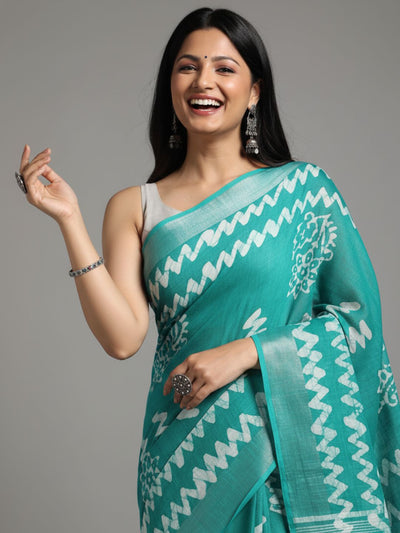 Turquoise Slub Linen Saree Wax Batik Hand Dyed Turquoise Blue