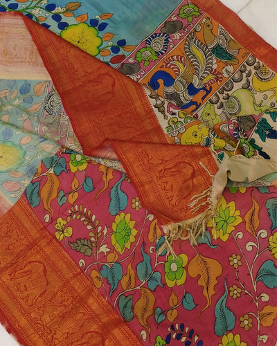 Indiehaat | Mangalagiri Pattu Kalamkari Blue Saree | Unique