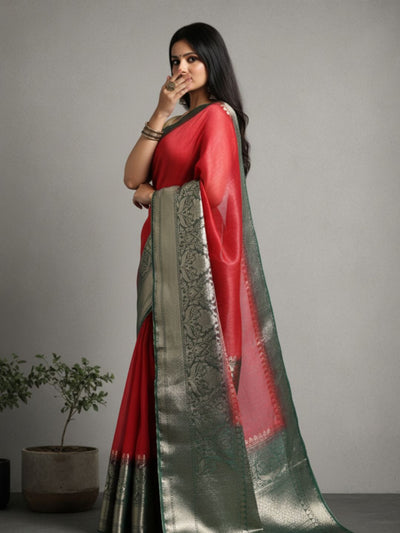 Silk Linen Banarasi Brocade Weaving Handloom Red Saree with Blouse-Indiehaat