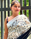 Pure Linen Handloom Saree Black & White Color Hand Embroidered with Running Blouse-Indiehaat