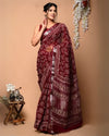 Elegant Block Printed Slub Linen Saree Dark Red