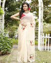 Natural Kota Doria Cotton Bird Embroidery Beige Saree Handdyed