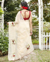 Natural Kota Doria Cotton Bird Embroidery Beige Saree Handdyed