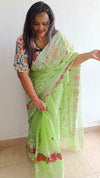 Vibrant Kota Doria Cotton Floral Embroidery Saree Green