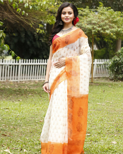 Vibrant Kota Doria Blockprinted White & Orange Saree