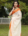 Vibrant Kota Doria Blockprinted White & Orange Saree