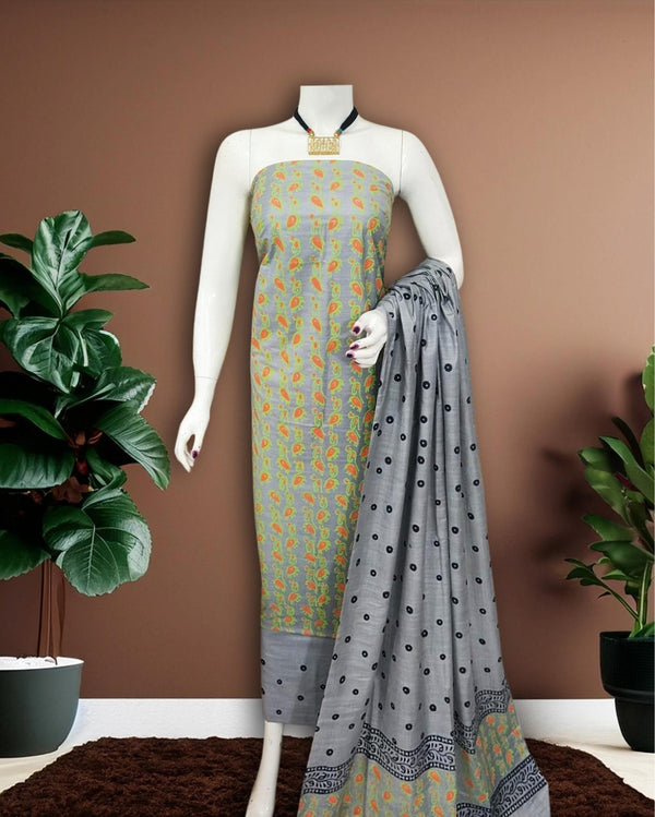 Gray Katan Silk Suit – Handcrafted with Bottom & Dupatta