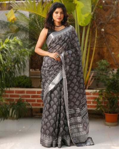 Misty Slub Linen Saree Gray Batik Print