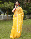 Kota Doria Sarees Embroidery Work Bright Yellow