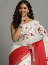 Serene Pure Linen Handloom Saree White & Red Embroidered