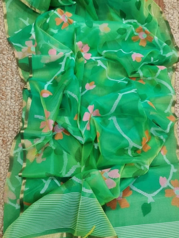 Indiehaat | Pure Muslin Silk Jamdani Saree Green