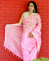 Pure Linen Handloom Saree Pink Color Hand Embroidered with Running Blouse-Indiehaat