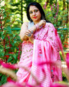 Pure Linen Handloom Saree Pink Color Hand Embroidered with Running Blouse-Indiehaat