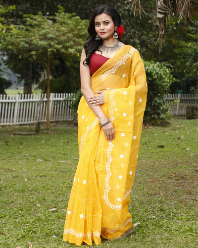 Kota Doria Sarees Embroidery Work Bright Yellow