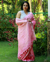 Pure Linen Handloom Saree Pink Color Hand Embroidered with Running Blouse-Indiehaat