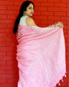 Pure Linen Handloom Saree Pink Color Hand Embroidered with Running Blouse-Indiehaat