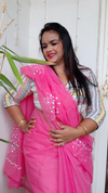 Kota Doria Embroidery Pink Saree with blouse Handcrafted-Indiehaat