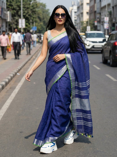 Slub Linen Hand Dyed Blue Saree with Contrast Blouse-Indiehaat