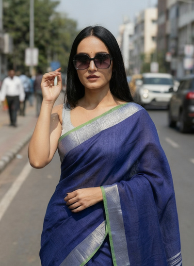 Slub Linen Hand Dyed Blue Saree with Contrast Blouse-Indiehaat