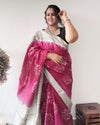 Slub Linen Batik Print Saree Red & Gray Color with running blouse-Indiehaat