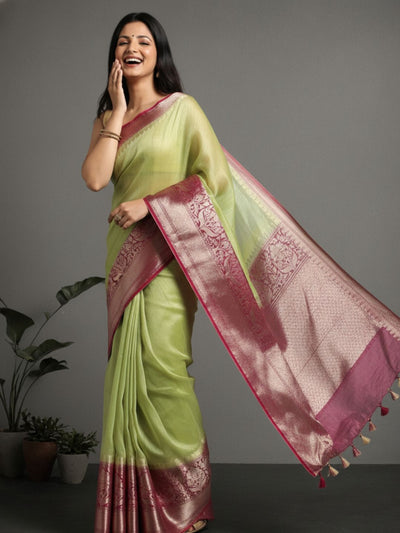 Silk Linen Banarasi Brocade Weaving Handloom Olive Green Saree with Blouse-Indiehaat