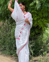 Reflective Handwoven Pure Linen White Saree