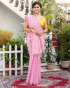 Pure Linen Pink Saree Contrast Striped Pallu With Running Blouse-Indiehaat