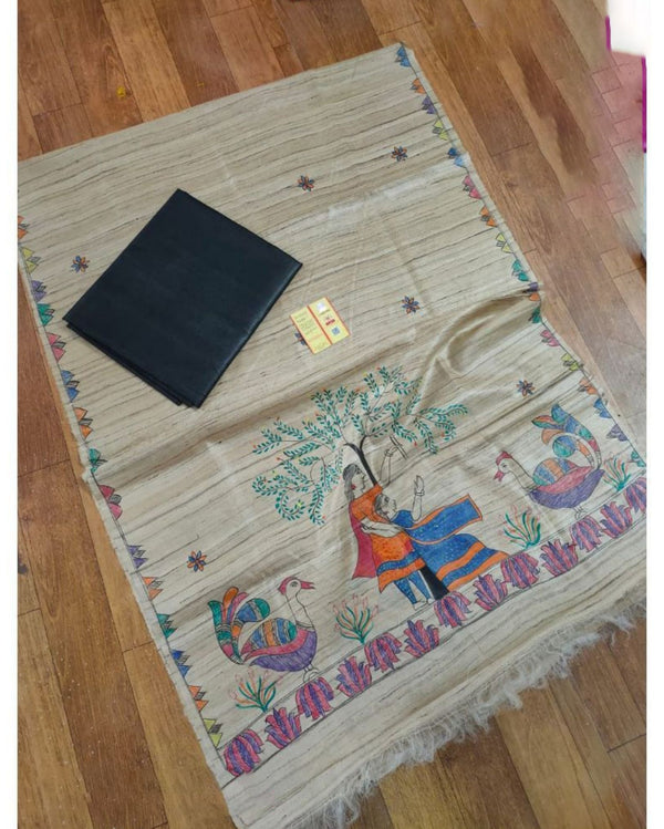 Silkmark Tussar Beige Madhubani Dynamic Dupatta & Black Top