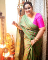 Silkmark Certified Eri Silk Embroidered Green Saree with Running Blouse-Indiehaat