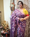 Silk Linen Digital Embroidered Handloom Purple Saree with Running Blouse-Indiehaat