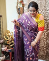 Silk Linen Digital Embroidered Handloom Purple Saree with Running Blouse-Indiehaat