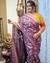 Silk Linen Digital Embroidered Handloom Purple Saree with Running Blouse-Indiehaat