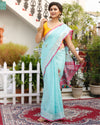 Oceanic Pure Linen Floral Embroidered Blue Saree