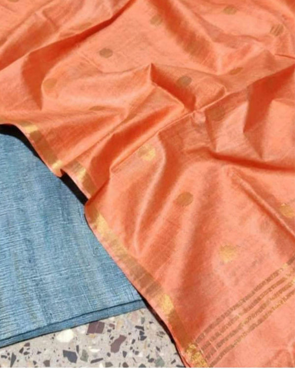 Silkmark Tussar Blue Top Katan Silk Orange Dupatta