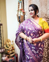 Silk Linen Digital Embroidered Handloom Purple Saree with Running Blouse-Indiehaat