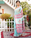 Oceanic Pure Linen Floral Embroidered Blue Saree