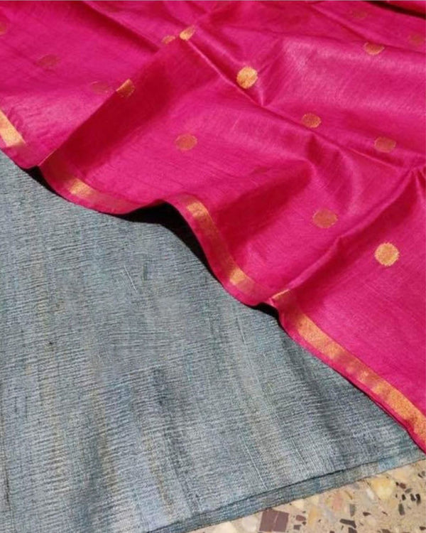Silkmark Tussar Gray Top Katan Silk Pink Dupatta