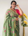 Mysterious Silk Linen Embroidered Green Saree