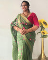 Mysterious Silk Linen Embroidered Green Saree