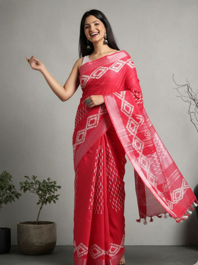Crimson Slub Linen Saree Wax Batik Hand Dyed Rubine Red