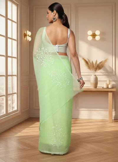 Kota Doria Cotton Bel Embroidery Green Saree Handdyed