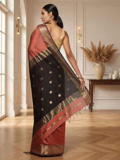 Quaint Pure Maheshwari Silk Handloom Saree Brown & Black
