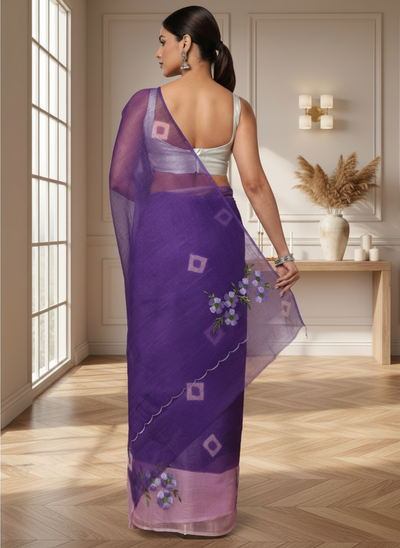 Bold Bandhej Kota Doria Embroidery Purple Saree Handdyed